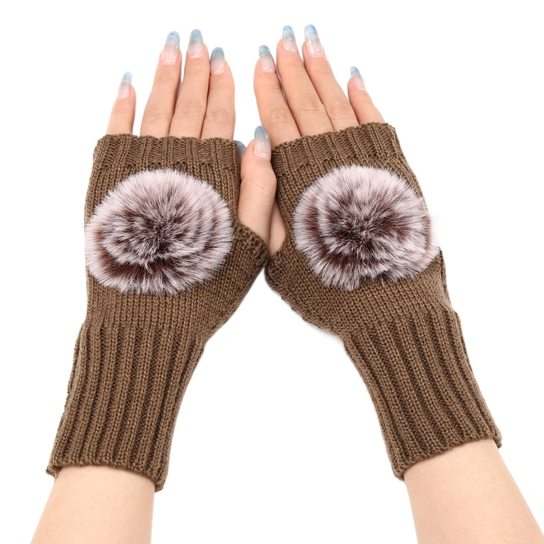 1 Pair Knitted Gloves Plush Ball Half-fingers Fingerless Design Women Winter Warm Casual Gloves for Daily Wear Image 1