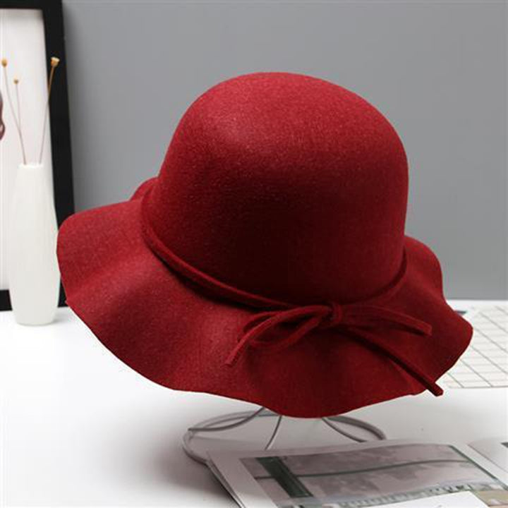 Woolen Hat Bow Tie Retro Hand-made Wave Brim Women Lady Girls Winter Outdoor Indoor Fedora Cap for Party Image 12