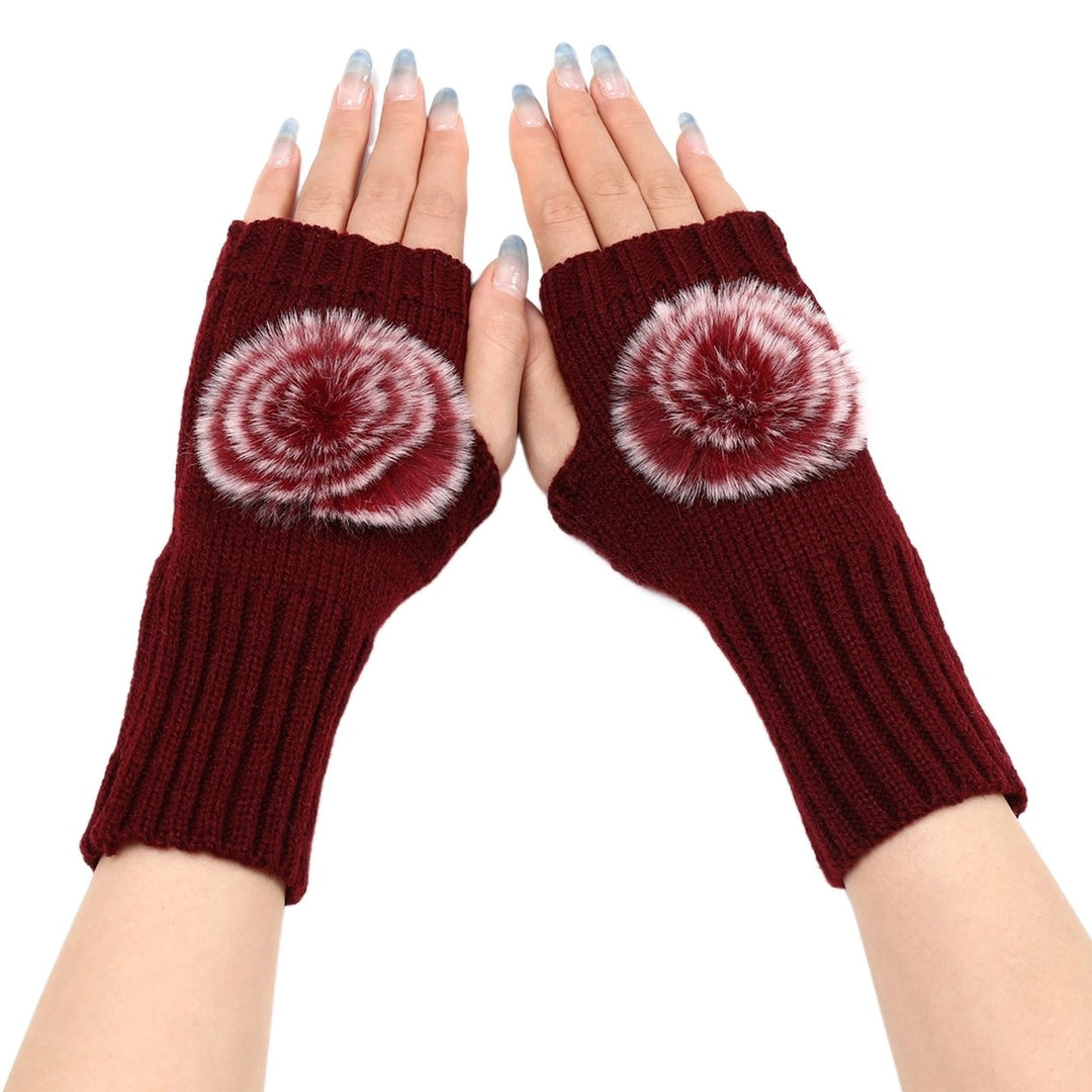 1 Pair Knitted Gloves Plush Ball Half-fingers Fingerless Design Women Winter Warm Casual Gloves for Daily Wear Image 1