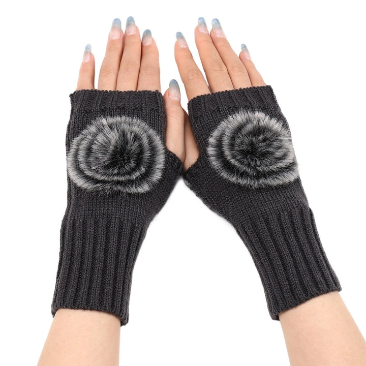 1 Pair Knitted Gloves Plush Ball Half-fingers Fingerless Design Women Winter Warm Casual Gloves for Daily Wear Image 1