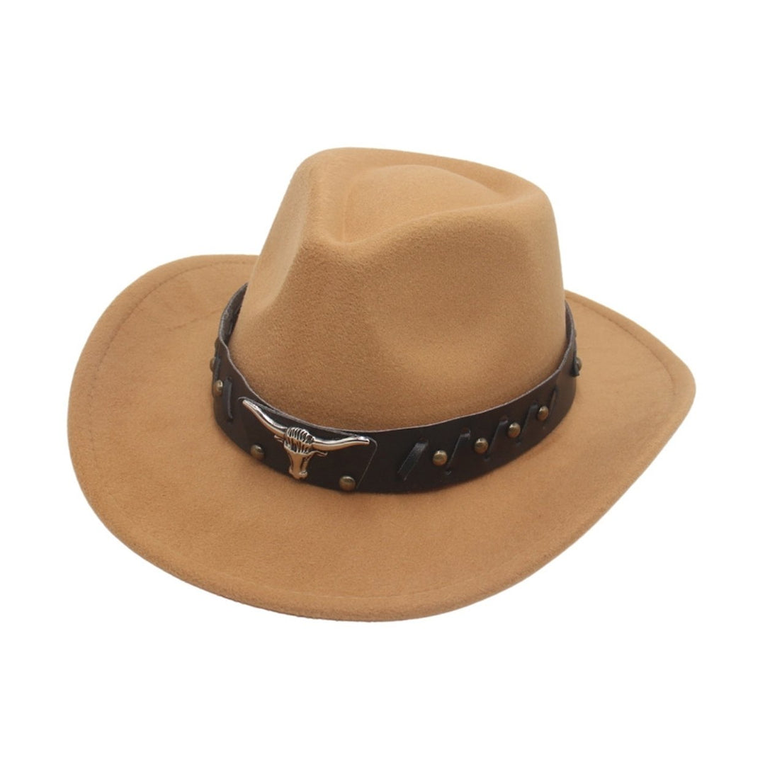 Fedora Hat Cow-head Decor Wide Brim Western Style Soft Touch Head Protection Autumn Winter Felt Hat for Travel Image 4