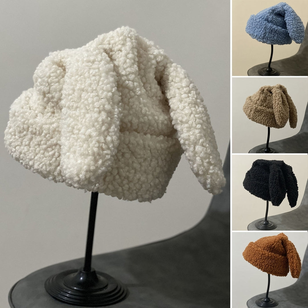 Women Hat Floppy Rabbit Ears Slouchy Thickened Super Soft Solid Color Keep Warm Sherpa Autumn Winter Adults Cap for Image 1