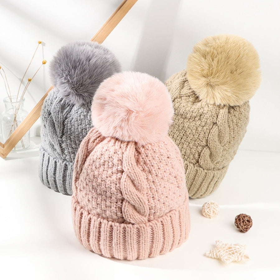 Knitted Hat Pompom Handmade Thickened Plush Lining Solid Color Keep Warm Woolen Yarn Autumn Winter Women Beanie Cap for Image 1