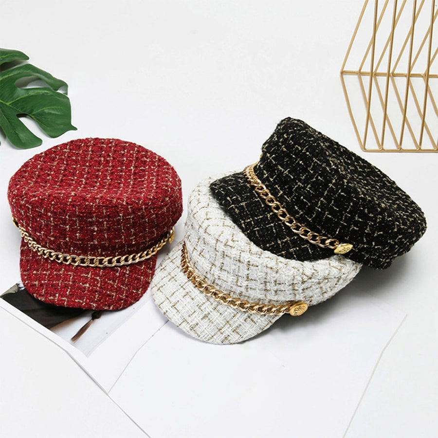 Beret Hat Chain Ornament Sun Protection Breathable Retro Style Non-Fading Keep Warm Cotton Women Winter Autumn Beret Image 1