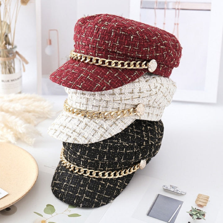 Beret Hat Chain Ornament Sun Protection Breathable Retro Style Non-Fading Keep Warm Cotton Women Winter Autumn Beret Image 4