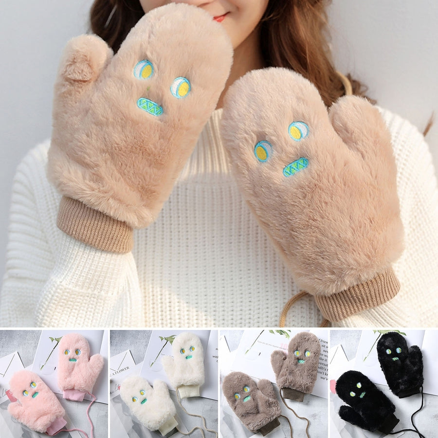 1 Pair Women Mittens Cartoon Embroidery Fluffy Thickened Soft Oversized Keep Warm Plush Autumn Winter Girls Cycling Image 1
