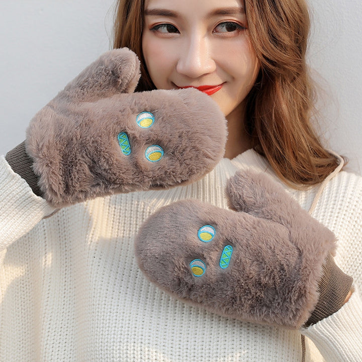 1 Pair Women Mittens Cartoon Embroidery Fluffy Thickened Soft Oversized Keep Warm Plush Autumn Winter Girls Cycling Image 8