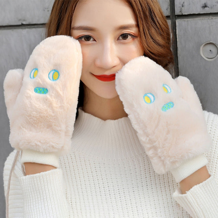 1 Pair Women Mittens Cartoon Embroidery Fluffy Thickened Soft Oversized Keep Warm Plush Autumn Winter Girls Cycling Image 11