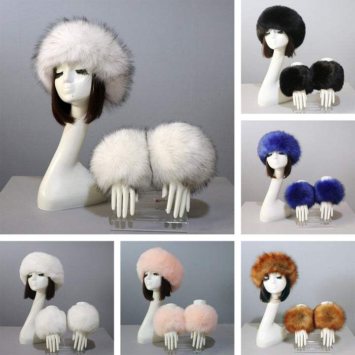 1 Set Winter Cap Cuffs Set Solid Color Fluffy Faux faux Empty Top Soft Keep Warm Elastic Cozy Women Hat Cuffs Set for Image 1