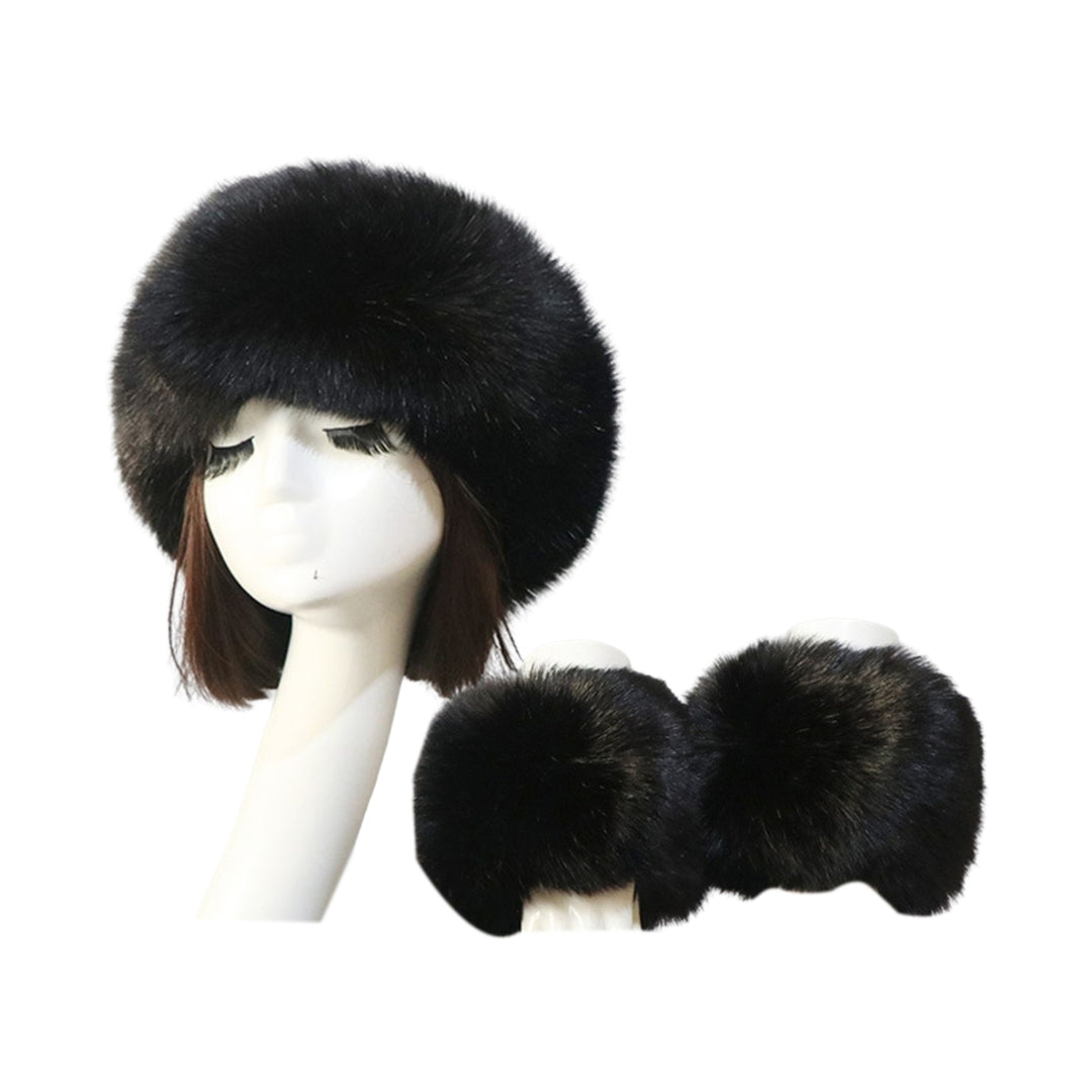 1 Set Winter Cap Cuffs Set Solid Color Fluffy Faux faux Empty Top Soft Keep Warm Elastic Cozy Women Hat Cuffs Set for Image 2