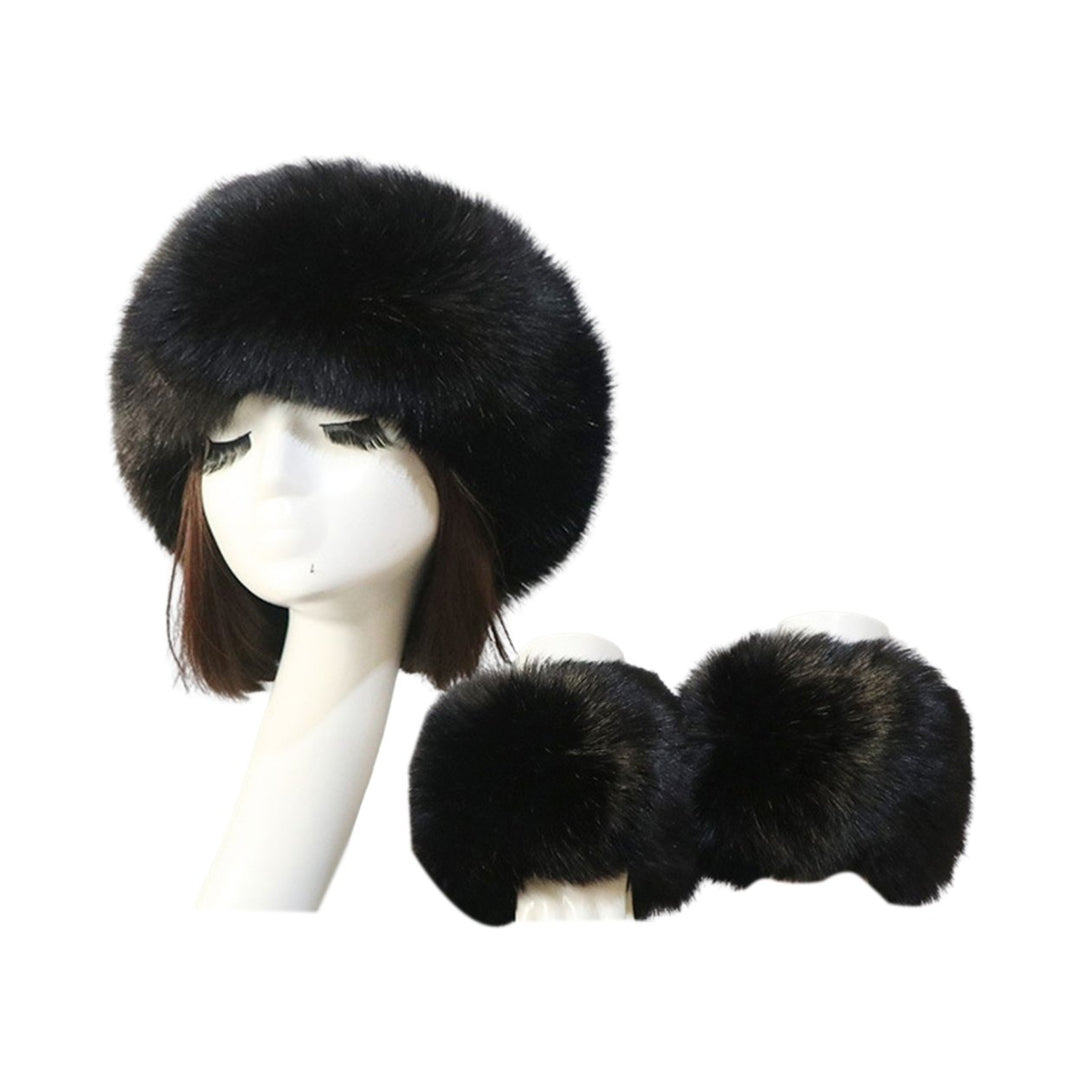 1 Set Winter Cap Cuffs Set Solid Color Fluffy Faux faux Empty Top Soft Keep Warm Elastic Cozy Women Hat Cuffs Set for Image 1