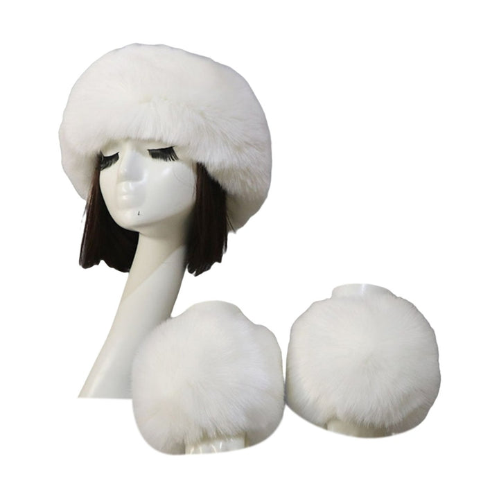 1 Set Winter Cap Cuffs Set Solid Color Fluffy Faux faux Empty Top Soft Keep Warm Elastic Cozy Women Hat Cuffs Set for Image 3