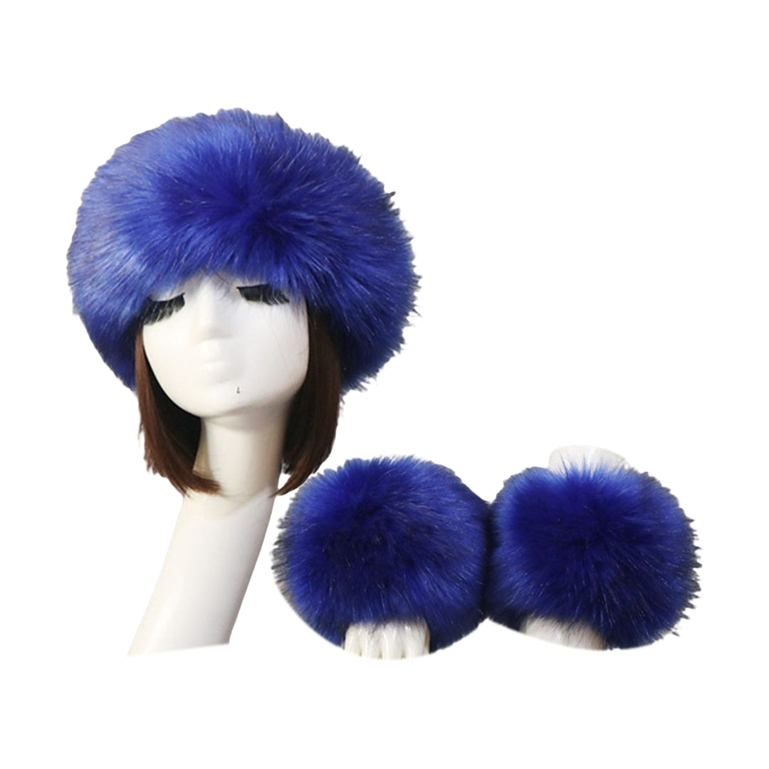 1 Set Winter Cap Cuffs Set Solid Color Fluffy Faux faux Empty Top Soft Keep Warm Elastic Cozy Women Hat Cuffs Set for Image 4