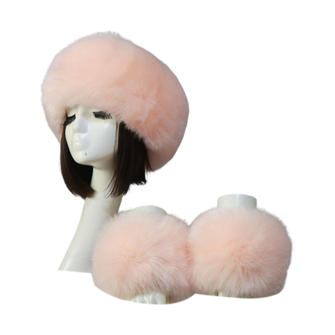 1 Set Winter Cap Cuffs Set Solid Color Fluffy Faux faux Empty Top Soft Keep Warm Elastic Cozy Women Hat Cuffs Set for Image 6