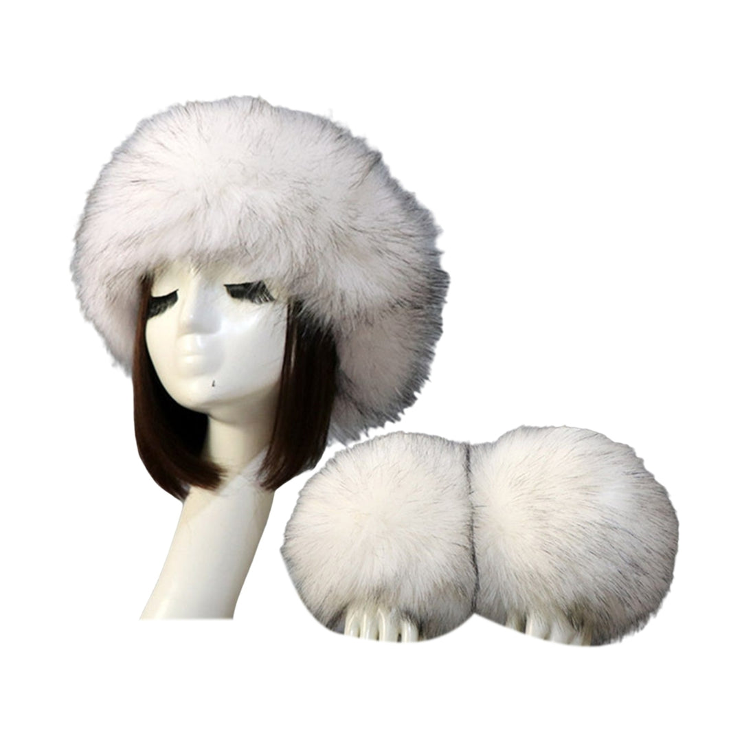 1 Set Winter Cap Cuffs Set Solid Color Fluffy Faux faux Empty Top Soft Keep Warm Elastic Cozy Women Hat Cuffs Set for Image 7