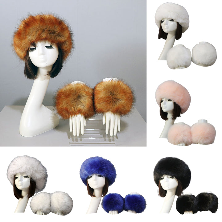 1 Set Winter Cap Cuffs Set Solid Color Fluffy Faux faux Empty Top Soft Keep Warm Elastic Cozy Women Hat Cuffs Set for Image 9