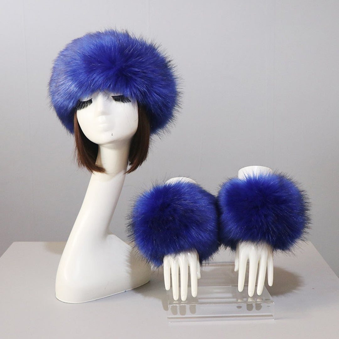 1 Set Winter Cap Cuffs Set Solid Color Fluffy Faux faux Empty Top Soft Keep Warm Elastic Cozy Women Hat Cuffs Set for Image 10