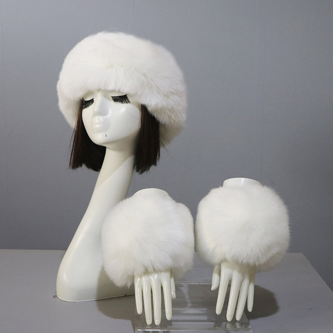 1 Set Winter Cap Cuffs Set Solid Color Fluffy Faux faux Empty Top Soft Keep Warm Elastic Cozy Women Hat Cuffs Set for Image 12