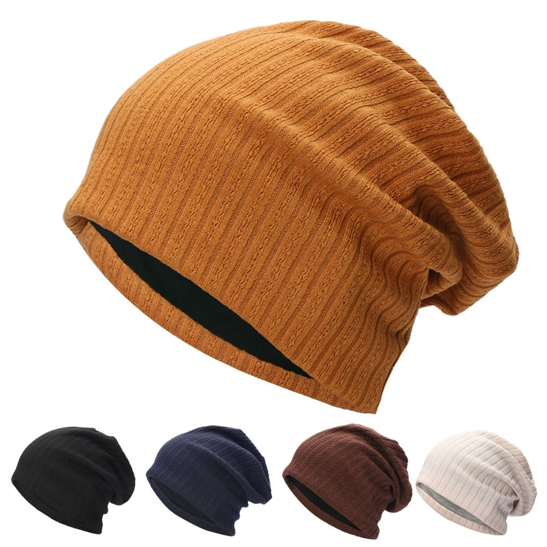 Winter Beanie Baggy Solid Color High Elasticity Soft Double Layers Protect Head Knitting Striped Casual Slouchy Cap for Image 1