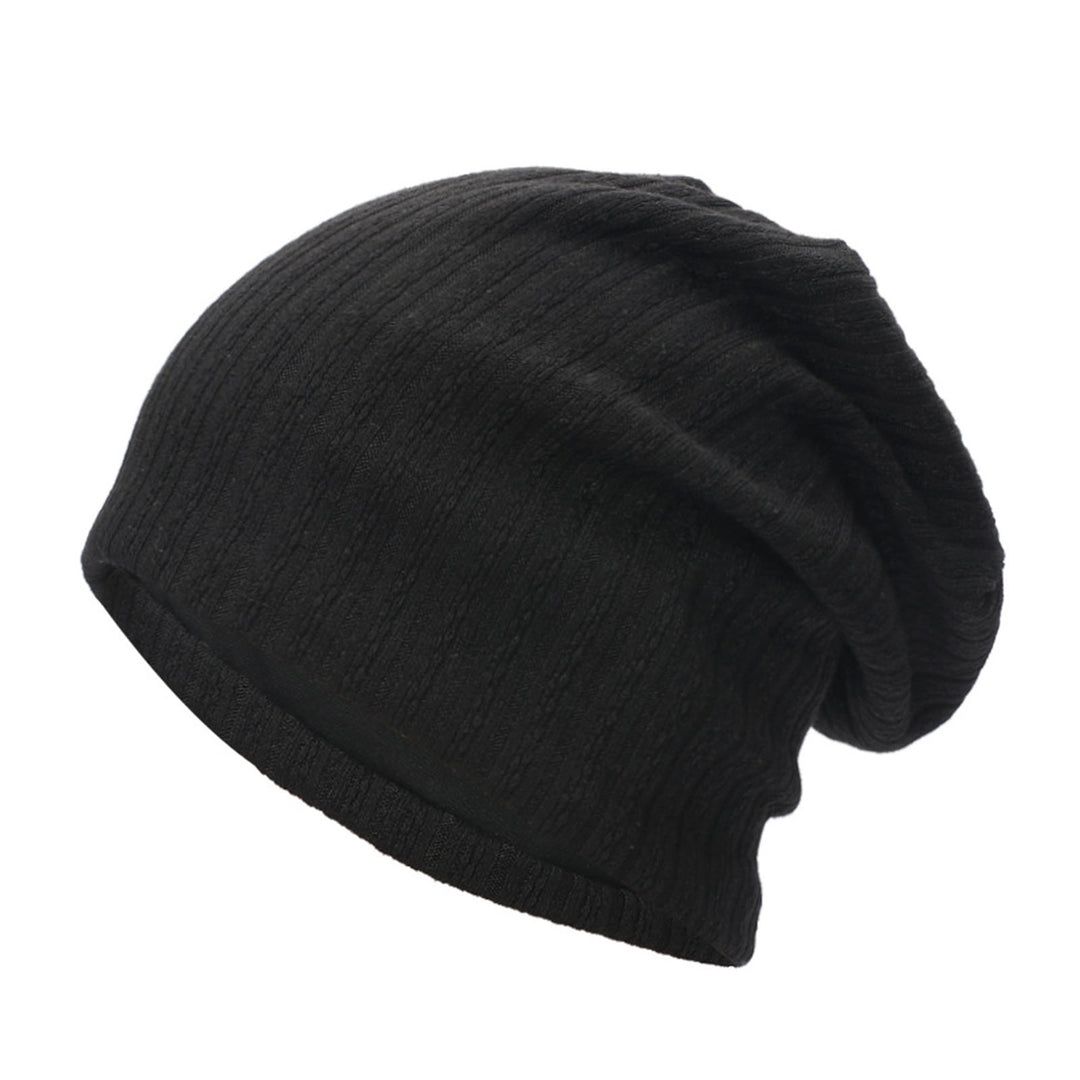 Winter Beanie Baggy Solid Color High Elasticity Soft Double Layers Protect Head Knitting Striped Casual Slouchy Cap for Image 2