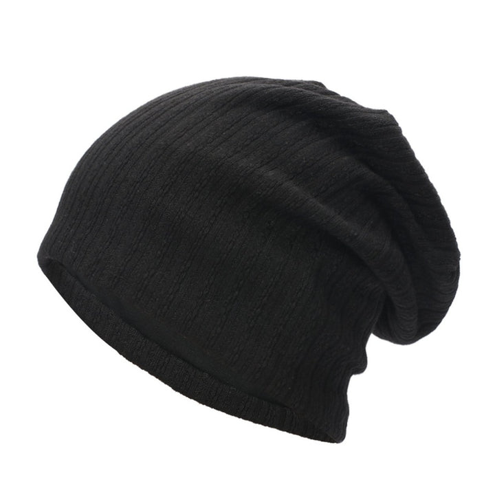 Winter Beanie Baggy Solid Color High Elasticity Soft Double Layers Protect Head Knitting Striped Casual Slouchy Cap for Image 1