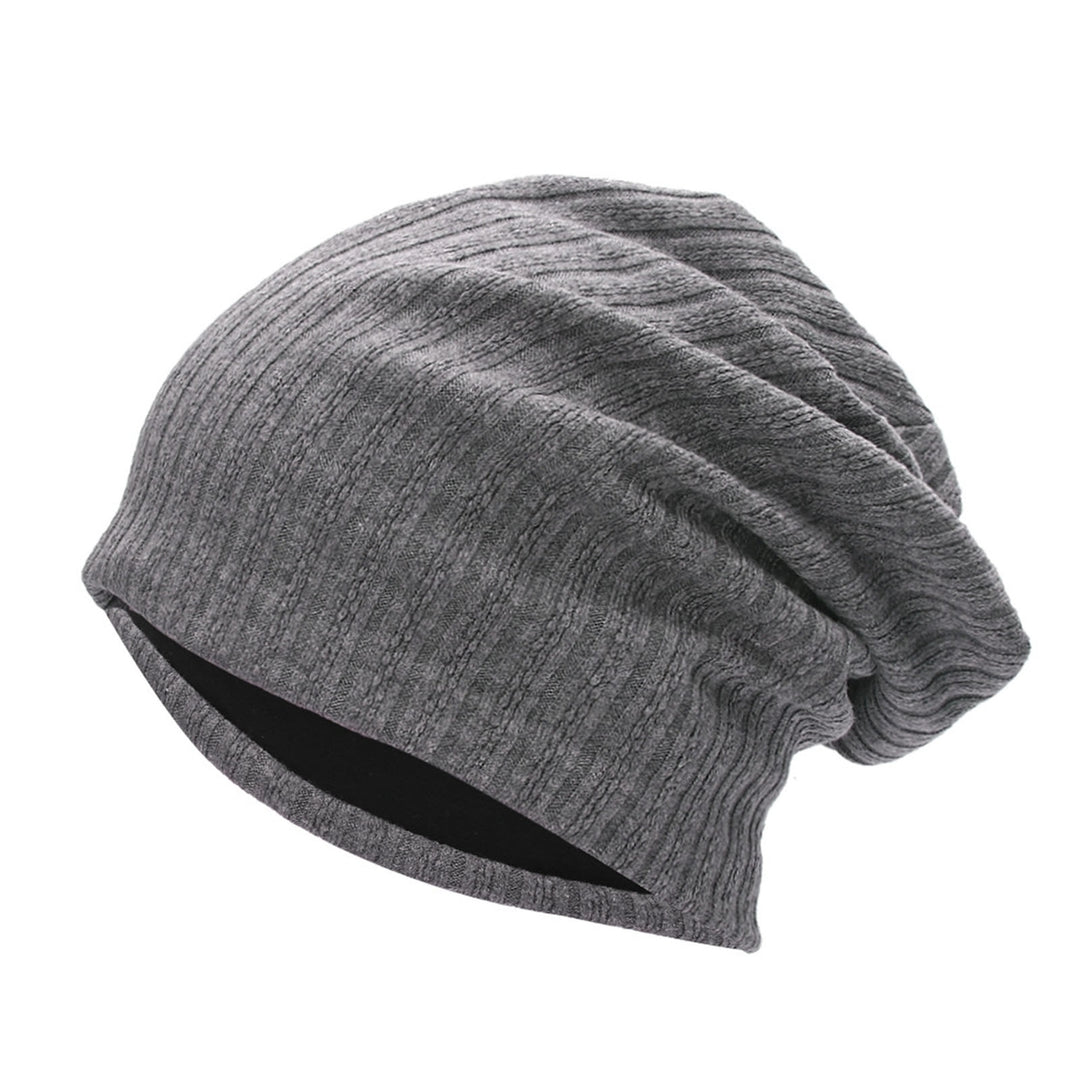 Winter Beanie Baggy Solid Color High Elasticity Soft Double Layers Protect Head Knitting Striped Casual Slouchy Cap for Image 3