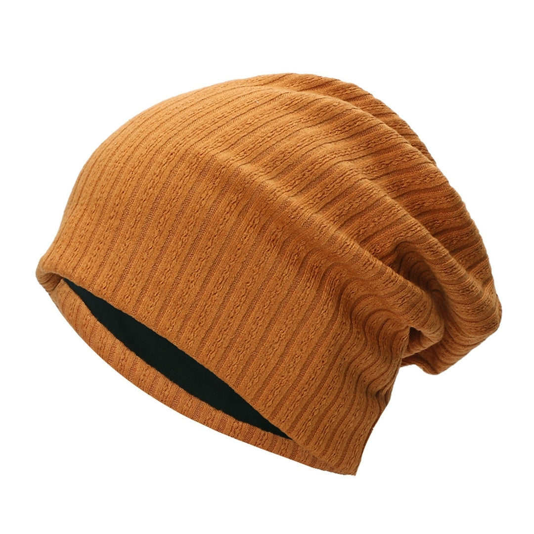 Winter Beanie Baggy Solid Color High Elasticity Soft Double Layers Protect Head Knitting Striped Casual Slouchy Cap for Image 4