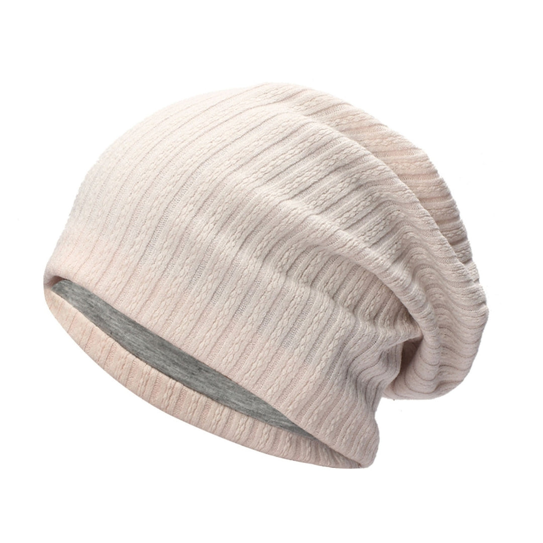 Winter Beanie Baggy Solid Color High Elasticity Soft Double Layers Protect Head Knitting Striped Casual Slouchy Cap for Image 4