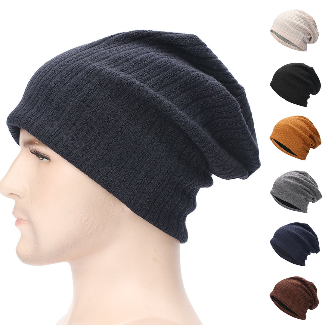 Winter Beanie Baggy Solid Color High Elasticity Soft Double Layers Protect Head Knitting Striped Casual Slouchy Cap for Image 10