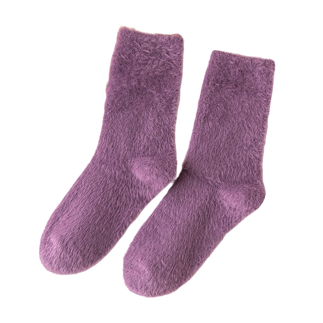 1 Pair Women Winter Socks Soft Bouncy Cozy Solid Color Thicken Keep Warm Plush Fluffy High Elasticity Stockings for Image 1
