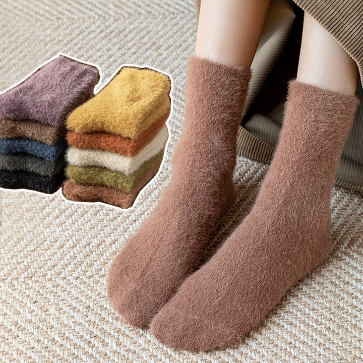 1 Pair Women Winter Socks Soft Bouncy Cozy Solid Color Thicken Keep Warm Plush Fluffy High Elasticity Stockings for Image 12