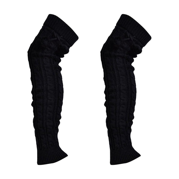1 Pair Leg Warmers Knitted Lace-up Pompoms Over Knee Stretchy Soft Keep Warm Solid Color Autumn Winter Women Boot Image 1