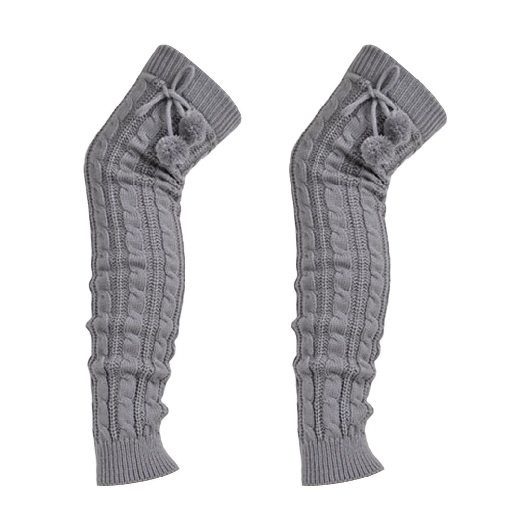 1 Pair Leg Warmers Knitted Lace-up Pompoms Over Knee Stretchy Soft Keep Warm Solid Color Autumn Winter Women Boot Image 6