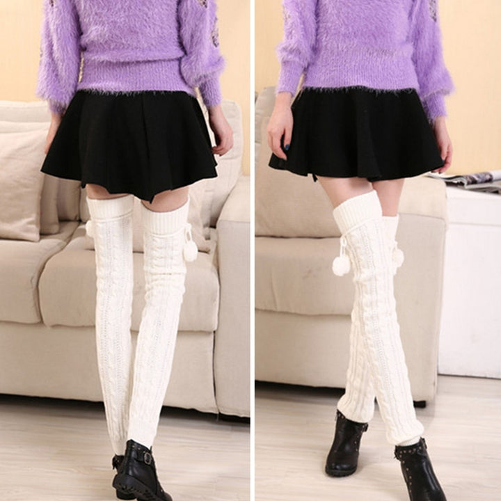 1 Pair Leg Warmers Knitted Lace-up Pompoms Over Knee Stretchy Soft Keep Warm Solid Color Autumn Winter Women Boot Image 8