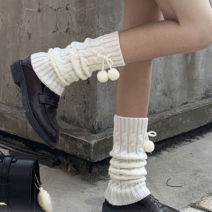 1 Pair Leg Warmers Knitted Lace-up Pompoms Over Knee Stretchy Soft Keep Warm Solid Color Autumn Winter Women Boot Image 10