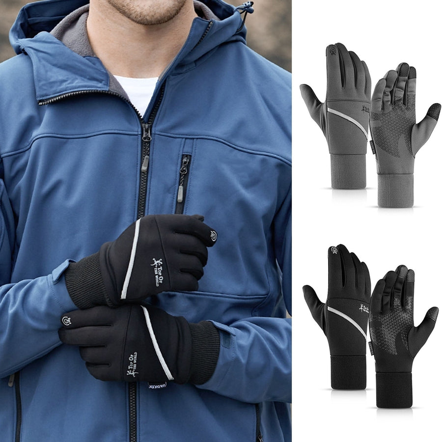 1 Pair Plush Lining Ribbed Cuffs Reflective Strip Men Gloves with Storage Bag Winter Windproof Touch Screen Non-slip Image 1