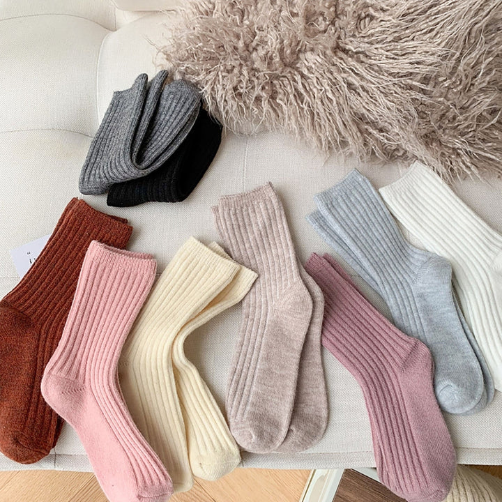 1 Pair Mid Calf Socks Stretchy Soft Sweat Absorbing Non-slip Comfortable Keep Warm Solid Color Winter Thermal Women Image 11