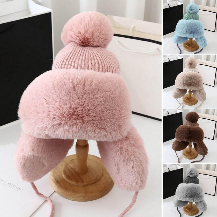 Earflap Hat Plush Lining Solid Color Ear Cap Pompom Conical Top Winter Windproof No Brim Knitting Bomber Trapper Cap for Image 1