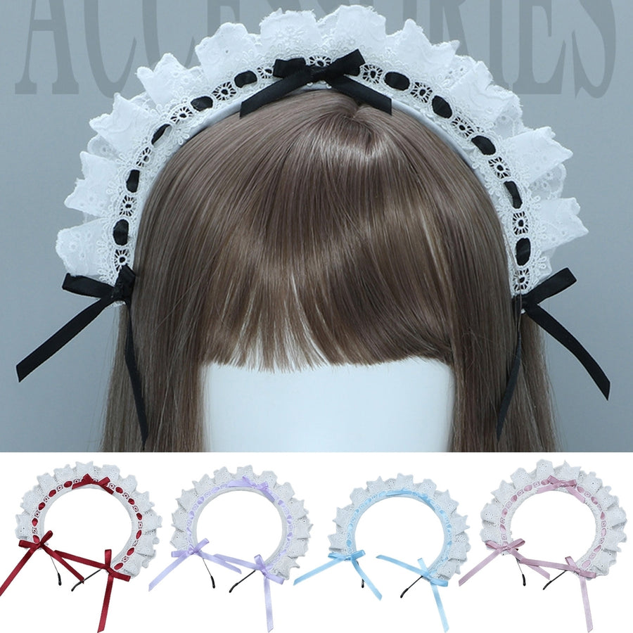 Women Headband Lolita Style Lace Hollow Out Bow-knot Shirring Cosplay Cartoon Maid Anime Hair Band Photography Prop Image 1