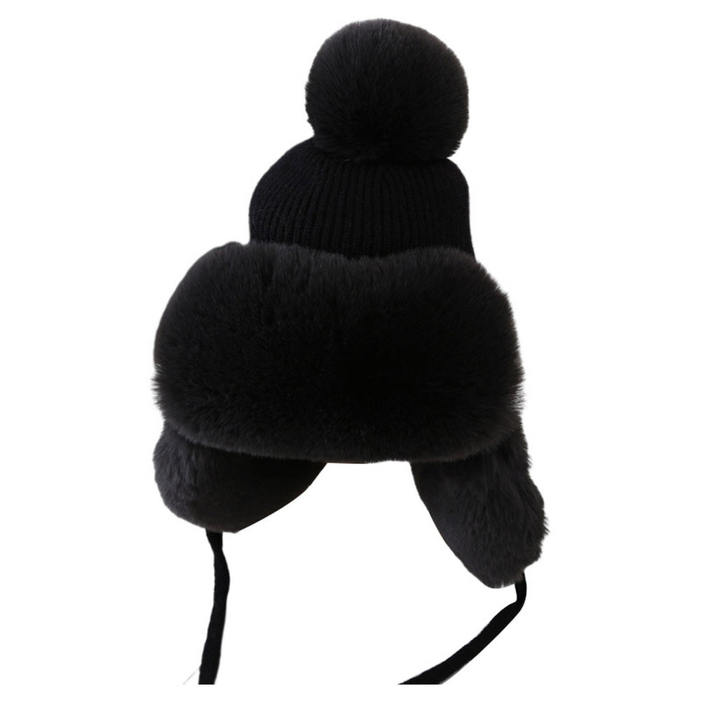 Earflap Hat Plush Lining Solid Color Ear Cap Pompom Conical Top Winter Windproof No Brim Knitting Bomber Trapper Cap for Image 2