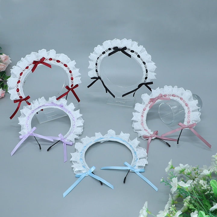 Women Headband Lolita Style Lace Hollow Out Bow-knot Shirring Cosplay Cartoon Maid Anime Hair Band Photography Prop Image 7