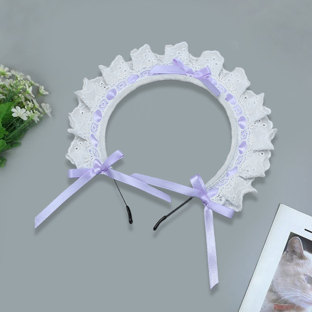 Women Headband Lolita Style Lace Hollow Out Bow-knot Shirring Cosplay Cartoon Maid Anime Hair Band Photography Prop Image 8