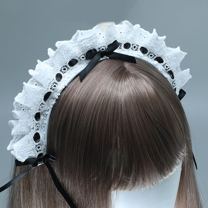 Women Headband Lolita Style Lace Hollow Out Bow-knot Shirring Cosplay Cartoon Maid Anime Hair Band Photography Prop Image 11