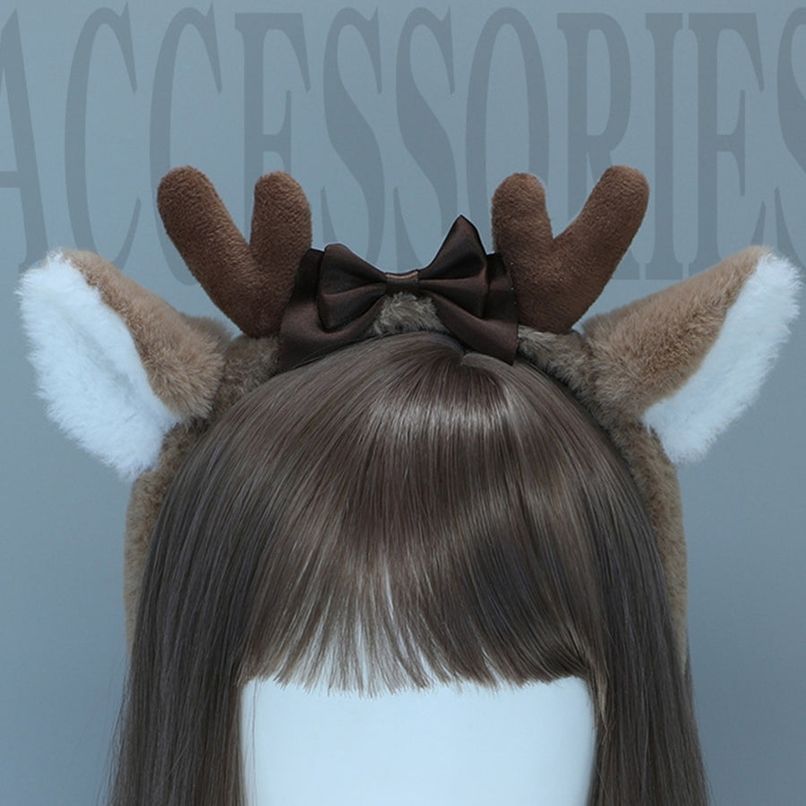 Deer Ears Hairband Plush Antler Ribbon Bow Built-in Bracket Halloween Christmas Prop Cosplay Party Animal Ears Hair Hoop Image 1