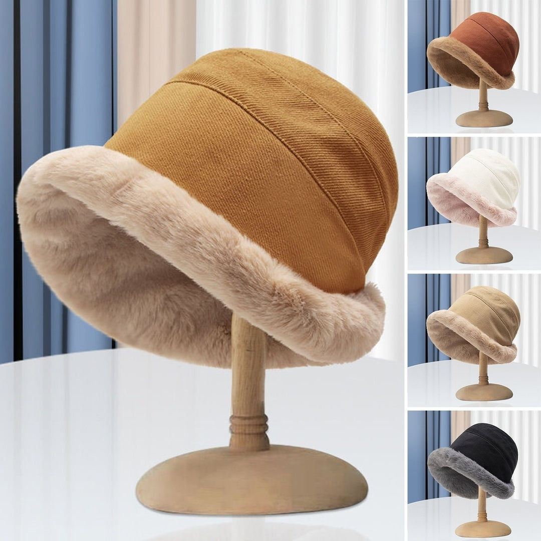 Winter Hat Solid Color Wide Brim Soft Casual Cap Thickened Keep Warm Head Wear Bucket Hat Plush Pot Cap Streetwear Women Image 1