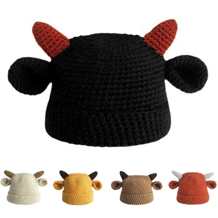 Knitted Hat Cow Horns Ears Handmade Thickened Flanging Comfortable Ear Protection Stretchy Autumn Winter Women Beanie Image 1