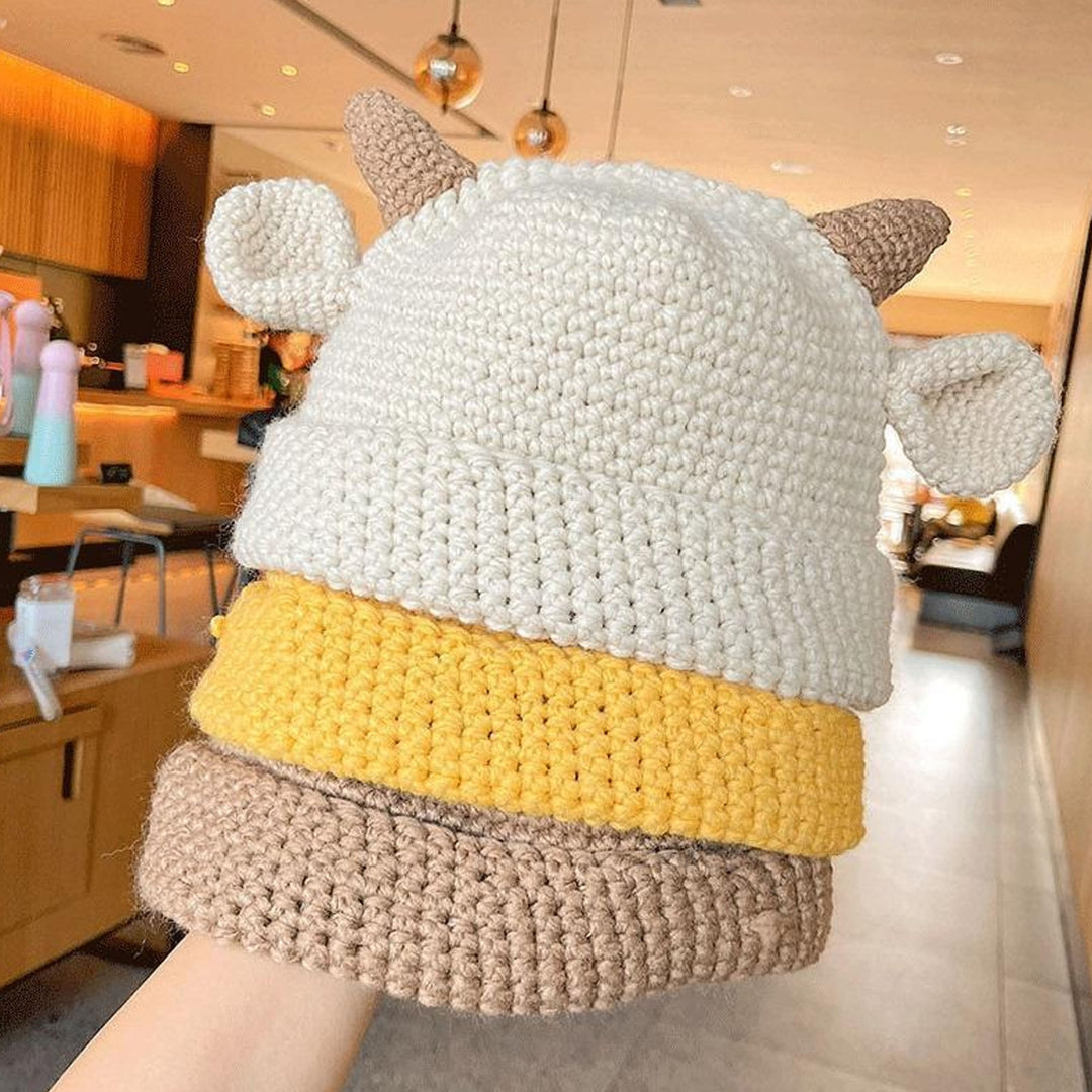 Knitted Hat Cow Horns Ears Handmade Thickened Flanging Comfortable Ear Protection Stretchy Autumn Winter Women Beanie Image 9