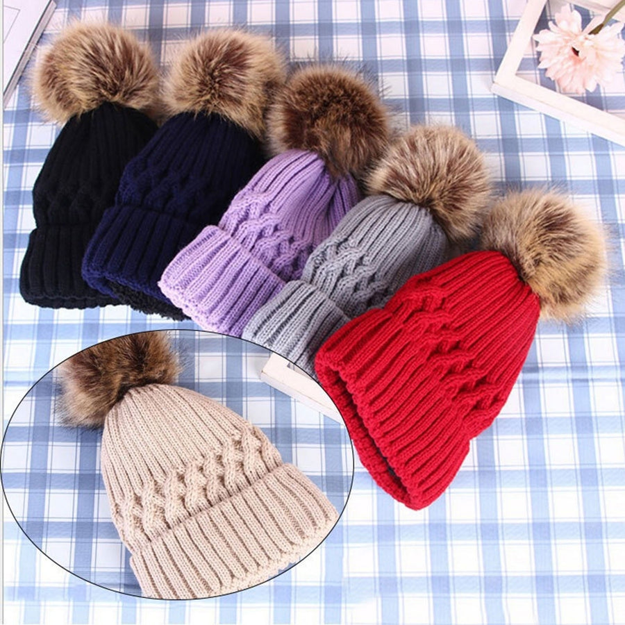 Wool Knitted Hat Thick faux Ball Decoration Keep Warmer Solid Color Winter Casual Women Skiing Beanies for Daily Wear Image 1