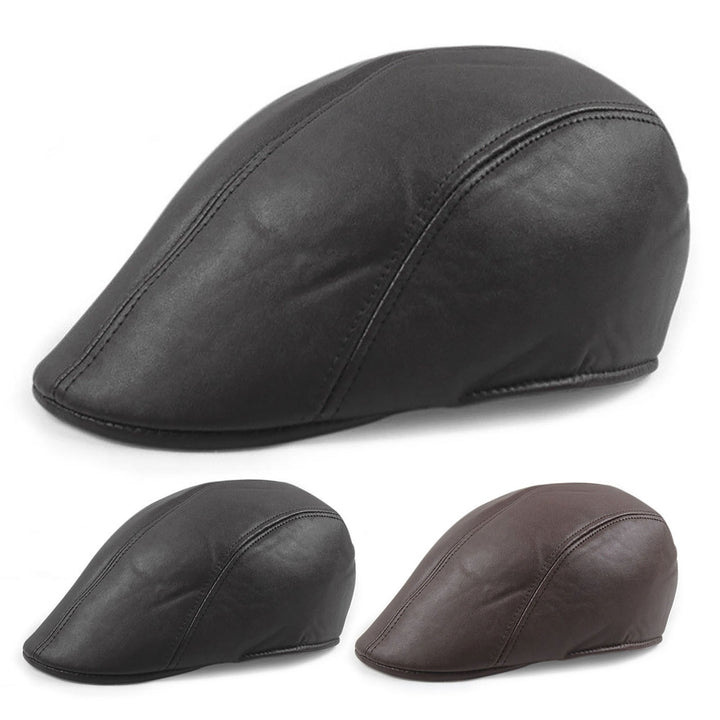 Newsboy Cap Retro Soft Comfortable Waterproof Solid Color Keep Warm Faux Leather Winter Thermal Men Beret Flat Hat for Image 2