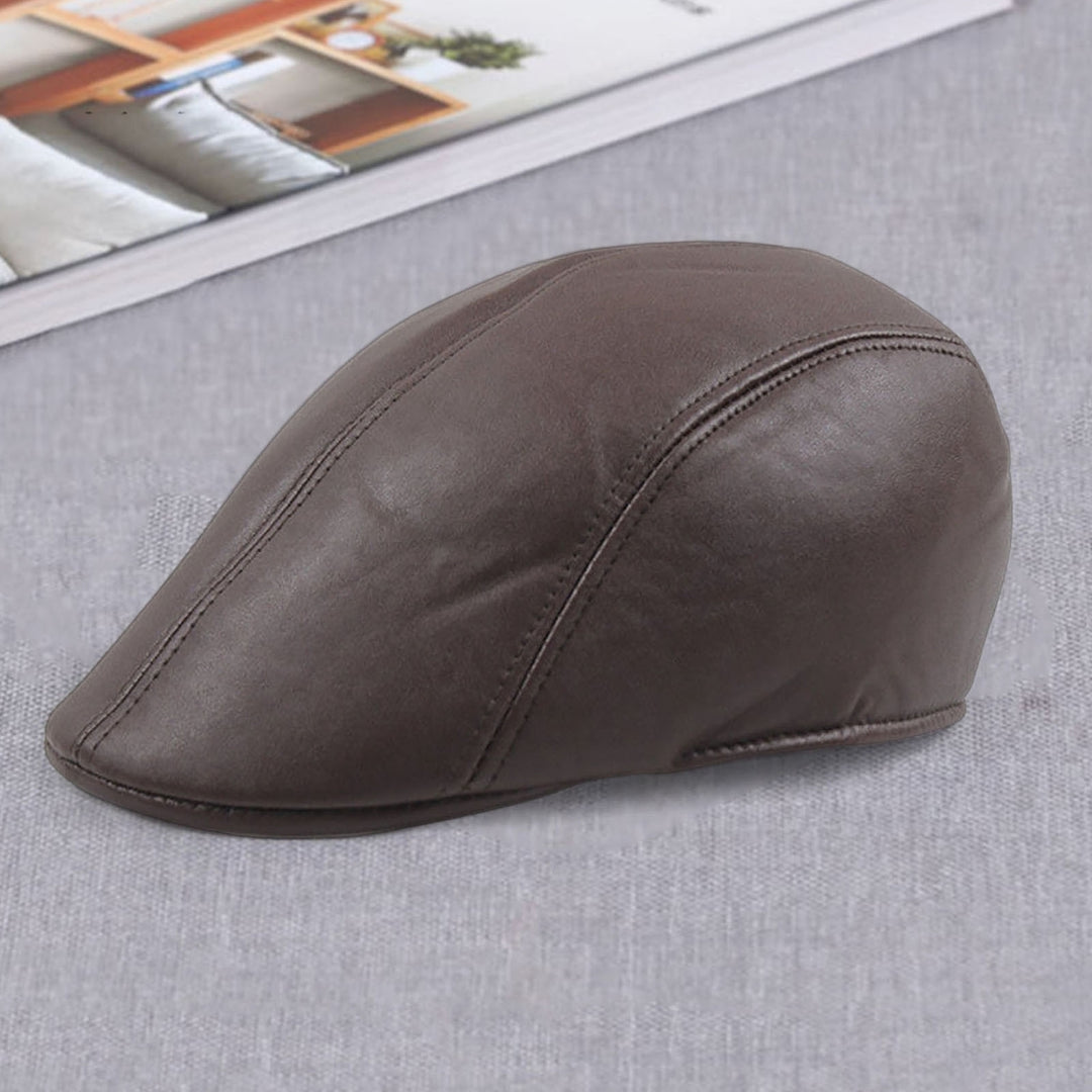 Newsboy Cap Retro Soft Comfortable Waterproof Solid Color Keep Warm Faux Leather Winter Thermal Men Beret Flat Hat for Image 3